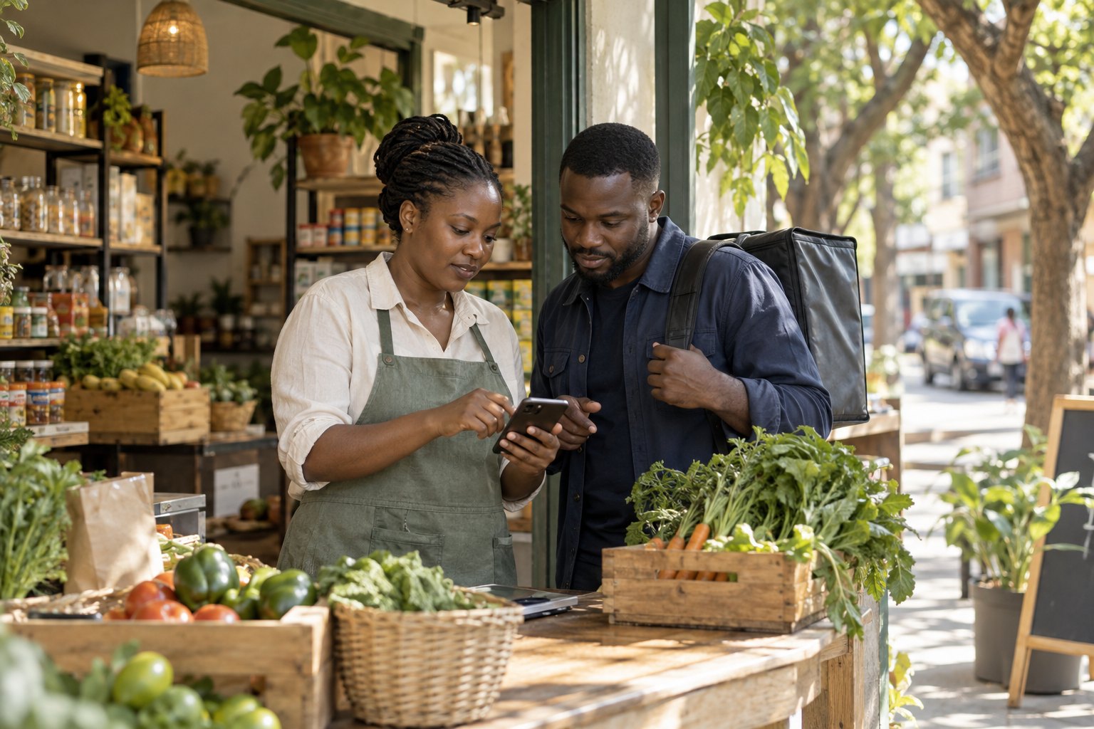 Illustrative scene of a grocery shop owner and delivery coordinator reviewing an order on a smartphone at a leafy neighborhood storefront.