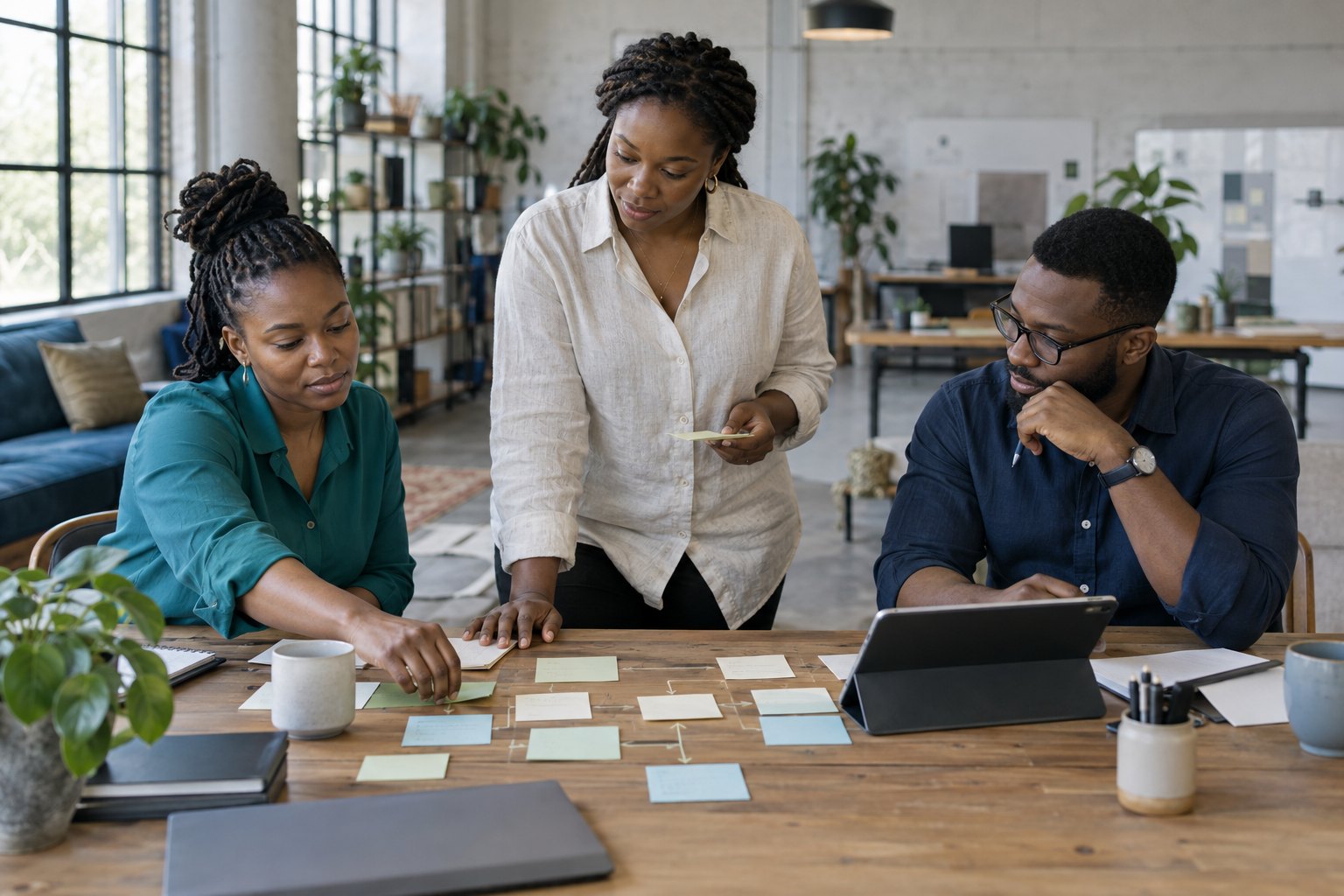 Illustrative scene of a business founder and software consultants mapping a workflow together.